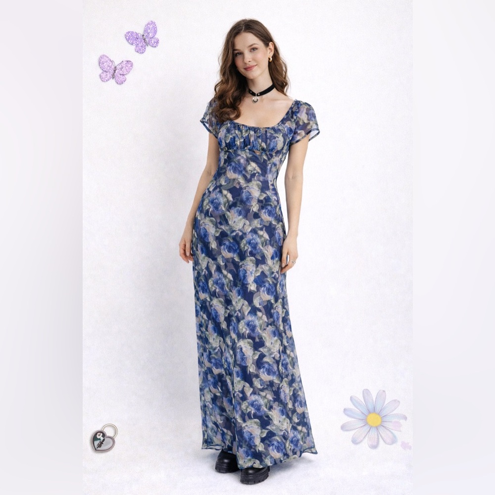 Y2K Rampage Blue Floral Mesh Maxi Dress Sheath Whimsigoth Cottagecore M